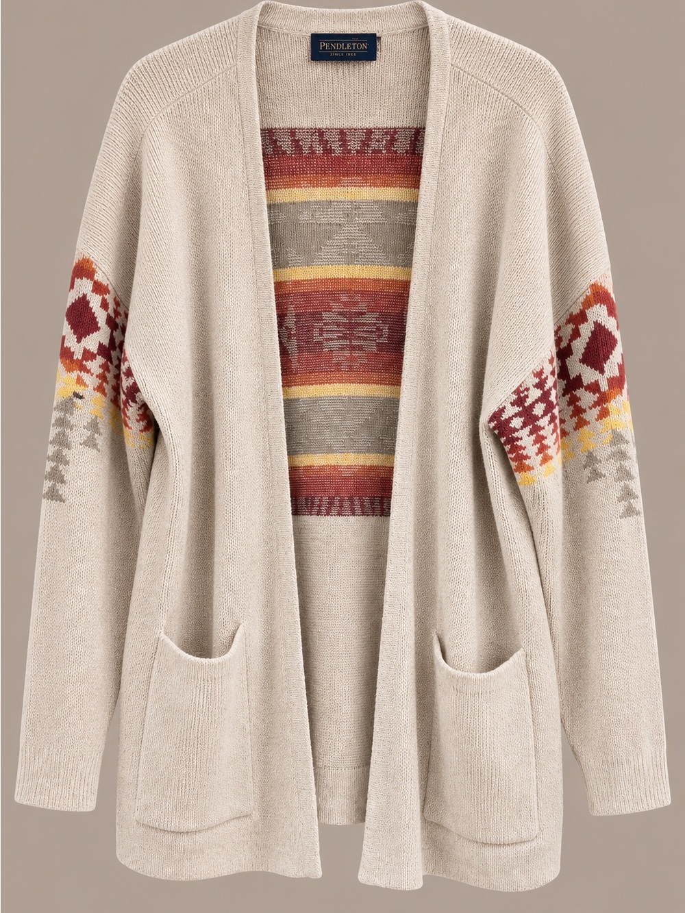 Pendleton Beige Open-Front Cardigan with Rust and Mustard Accents